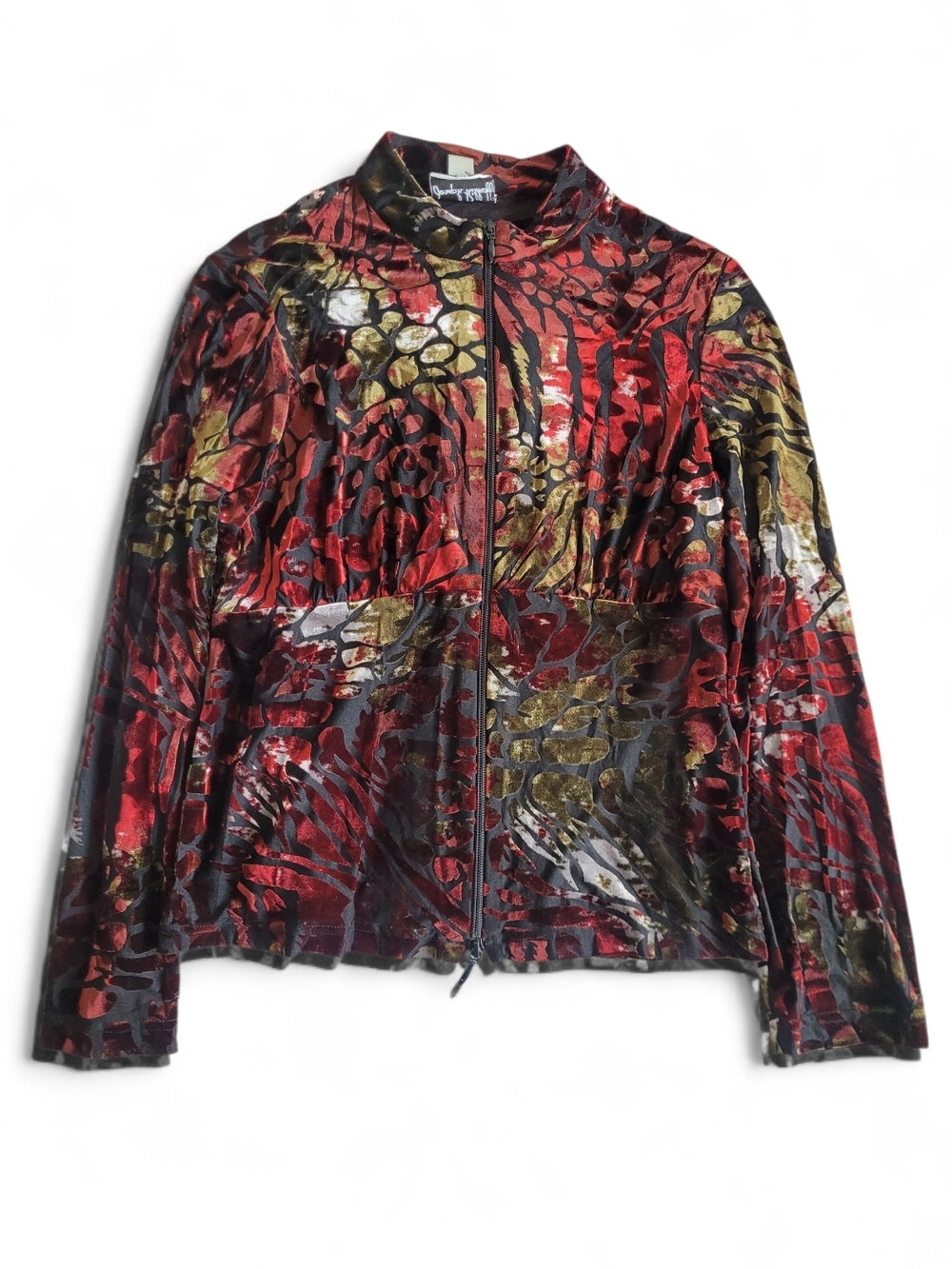 Vintage Y2K Joseph Ribkoff Velvet Zip-Front Jacket in Red Gold Black